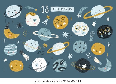 Collection of Cute Funny Baby Planets. Funny baby planets in flat vector illustration. Lovely celestial bodies with smiling faces. Cartoon native colorful astronomical objects.