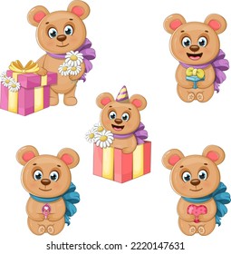 Collection of cute and funny bears with gifts, balloons and hearts