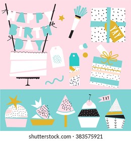 Collection of cute funny birthday item. Wedding, anniversary, birthday, Valentin's day, party invitations. Cake, cupcakes, present boxes and gift tags.