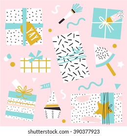 Collection of cute funny birthday item. Wedding, anniversary, birthday, Valentin's day, party invitations. Cake, cupcakes, present boxes and ice cream. Summer memphis background.