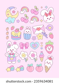 Collection of cute funny bunny rabbit stickers icon