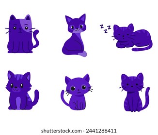 Collection of cute funny cartoon cats on white background. Sleeping, sitting cats for kids and illustration animals. Bundle of adorable pet cat drawings. Flat cartoon vector illustration. 