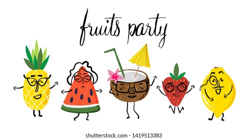 Collection with cute funny cartoon fruit and berries characters. Vector illustration banner with emotional fruits 
