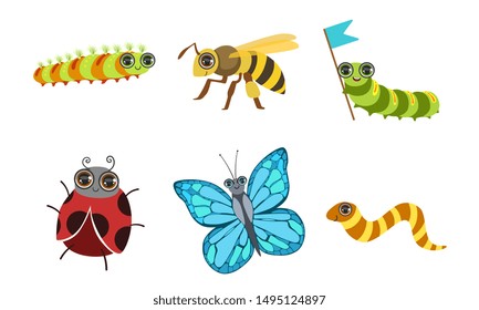 Collection of Cute Funny Cartoon Insects Set, Ladybug, Butterfly, Deer Beetle, Wasp Vector Illustration