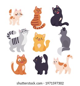 Collection of cute funny cat characters sitting, standing, walking smiling isolated on white background. Vector flat illustration. For stickers, banners, cards etc.