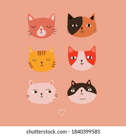 Collection of cute funny cat faces or heads. Hand drawn flat vector cartoon character illustration