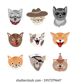 Collection of cute funny cat faces vector illustration