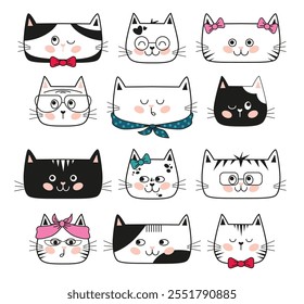 Collection of cute and funny cat faces. Cat faces decorated with bows, kerchiefs, scarves and butterflies. Black and white outline illustration. Vector illustration.