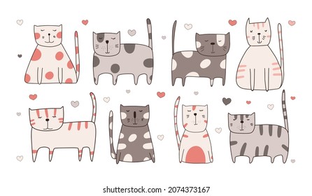 Collection of cute funny cats. Bundle of adorable pet animals hand drawn with contour lines on white background. Vector illustration.