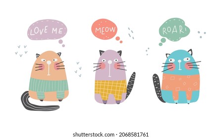 Collection of cute funny cats. Colorful cats isolated on white background. Vector illustration.