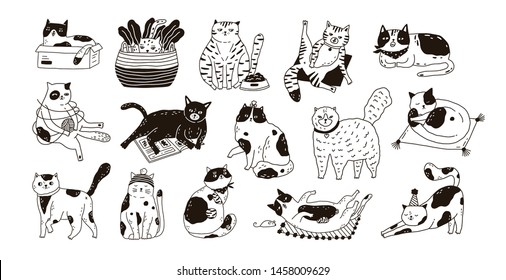 Collection of cute funny cats sitting, washing, stretching itself, playing. Bundle of adorable purebred pet animals hand drawn with contour lines on white background. Monochrome vector illustration.