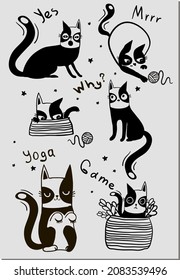 Collection of cute funny cats sitting, washing, stretching itself, playing. Bundle of adorable purebred pet animals hand drawn with contour lines on white background. Monochrome vector illustration.