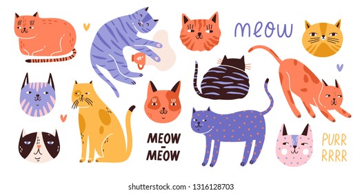 Collection of cute funny cats of various breeds lying, sitting, stretching itself, playing, sleeping and muzzles. Bundle of adorable pet animals isolated on white background. Flat vector illustration.