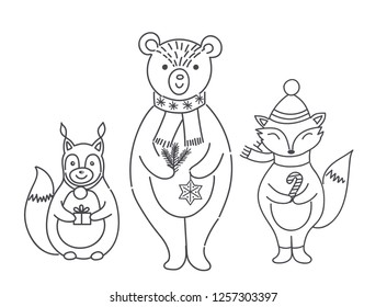 Collection of cute funny Christmas animals, vector illustation