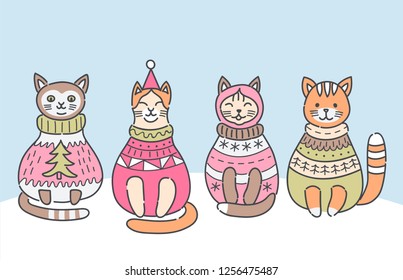 Collection of cute funny Christmas cats, vector illustation