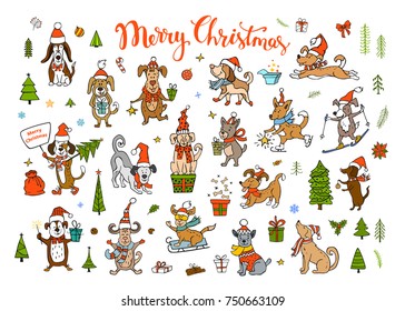 collection of cute funny christmas and happy new year greeting congratulating dogs in santa claus hats.