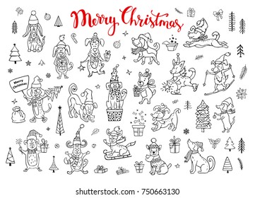 collection of cute funny christmas and happy new year 2018 greeting congratulating sketch style doodle dogs wearing winter santa claus hats