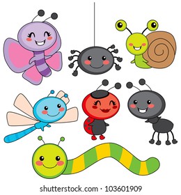 Collection of cute funny colorful happy little bugs smiling