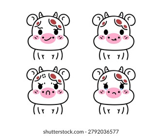 A collection of cute and funny cow character illustrations. Expressions and gestures of happy, sad, angry, and mischievous cows. Cute animals. Illustrations. Stickers, clip art, flat and outline styles.