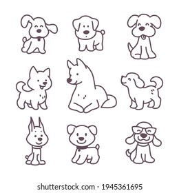 Collection of cute funny dog characters different breeds sit and stand isolated on white background. Vector doodle line art illustration. For stickers, pet shelter emblems, veterinary logo, gift tags.