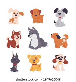 Collection of cute funny dog characters different breeds sit and stand isolated on white background. Vector flat illustration. For stickers, pet shelter emblems, veterinary logo, gift tags.