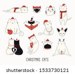 Collection of cute funny doodles of different cats in Santa Claus hats. Isolated objects on white background. Hand drawn vector illustration. Line drawing. Design concept for Christmas card invite.