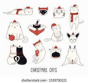 Collection of cute funny doodles of different cats in Santa Claus hats. Isolated objects on white background. Hand drawn vector illustration. Line drawing. Design concept for Christmas card invite.