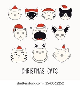 Collection of cute funny doodles of different cats faces in Santa Claus hats. Isolated objects on white. Hand drawn vector illustration. Line drawing. Design concept for Christmas card invite, print.