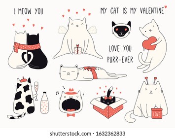 Collection cute funny doodles different cats  and hearts  Isolated objects white background  Hand drawn vector illustration  Line drawing  Design concept Valentines day card invite  print 