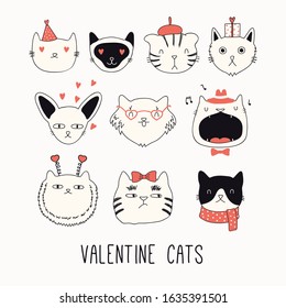 Collection of cute funny doodles of different cats faces, with hearts. Isolated objects on white. Hand drawn vector illustration. Line drawing. Design concept for Valentines day card invite, print.