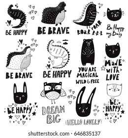 Collection of cute  funny doodles with dinosaurs, owls, cats and hearts. Baby design