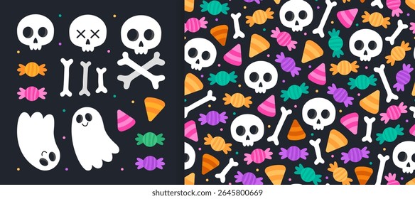 Collection of cute funny elements and seamless pattern for Halloween or Mexican Day of the Dead. Skulls, bones, candies and sweets, ghost on black background.