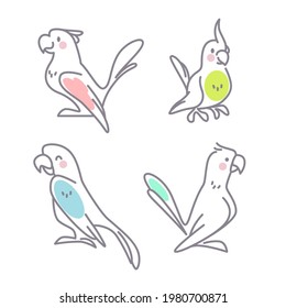 Collection of cute funny exotic macaw and ara parrots characters isolated on white background. Vector flat outline hand drawn illustration. For kids illustrations, nursery decor, cards, banners.