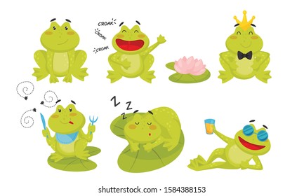 Collection of Cute Funny Frog Cartoon Character, Adorable Frog Amphibian Animal in Different Situations