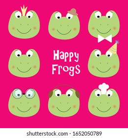Collection of cute funny frogs faces or heads wearing glasses, hats and other accessory. Set of various cartoon frogs muzzles. Colorful hand drawn illustration