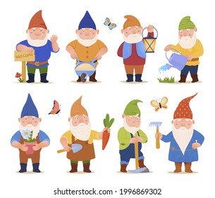 Collection cute funny garden gnomes vector flat illustration. Set of friendly fairy tail characters gardeners isolated on white. Fantasy smiling little elderly man with beard working at domestic park