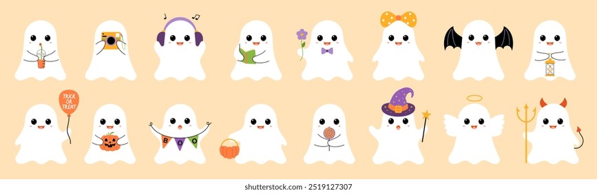 Collection of cute funny ghosts. Set of fashionable and modern halloween characters. Children flat vector holiday illustration for banner, postcard, stickers.