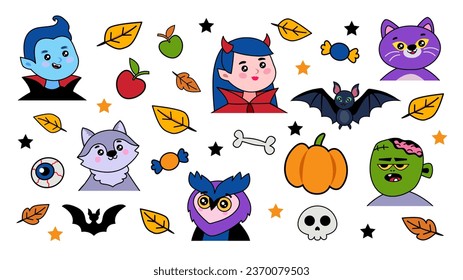 Colección de adorables y divertidos avatares de Halloween y elementos decorativos. Ilustración vectorial al estilo de las caricaturas. Lobo, vampiro, bruja, búho, gato, cabezas zombie aisladas en fondo blanco