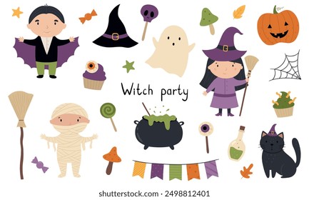 A collection of cute and funny Halloween elements. Vector illustration