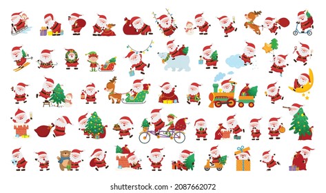 Colección de graciosas ilustraciones con Santa Claus. Juego de caracteres navideños para crear stickers, tarjetas, impresiones.