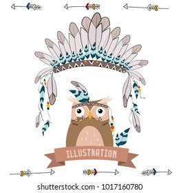 collection of cute and funny Indian animals. A stylized illustration of an Indian owl with feathers