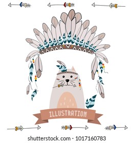 collection of cute and funny Indian animals. A stylized illustration of an Indian cat with feathers