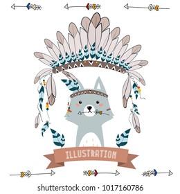 collection of cute and funny Indian animals. A stylized illustration of an Indian wolf with feathers