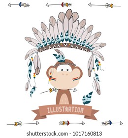 collection of cute and funny Indian animals. A stylized illustration of an Indian monkey with feathers