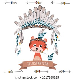 collection of cute and funny Indian animals. A stylized illustration of an Indian tiger with feathers