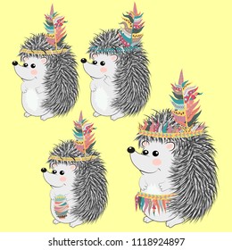 collection of cute and funny Indian animals. A stylized illustration of an Indian hedgehog with feathers