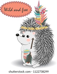 collection of cute and funny Indian animals. A stylized illustration of an Indian hedgehog with feathers
