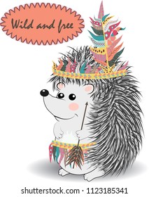 collection of cute and funny Indian animals. A stylized illustration of an Indian hedgehog with feathers