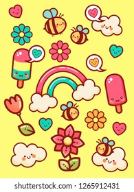 collection of cute, funny, kawaii stickers for kids, summer or spring set of cartoon items and animals, vector illustration for print or poster