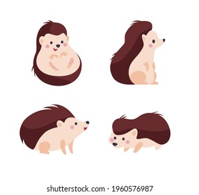 Collection of cute funny little hedgehogs smiling isolated on white background. Vector flat cartoon illustration. For stickers, nursery decor, banners etc.